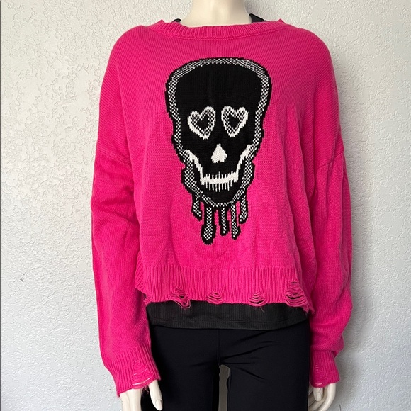 No Boundaries Skull Sweater Pink Black Distressed Cropped Y2K Halloween - Picture 1 of 6
